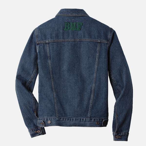 Pine Green embroidered BMF Bunny Face denim jacket