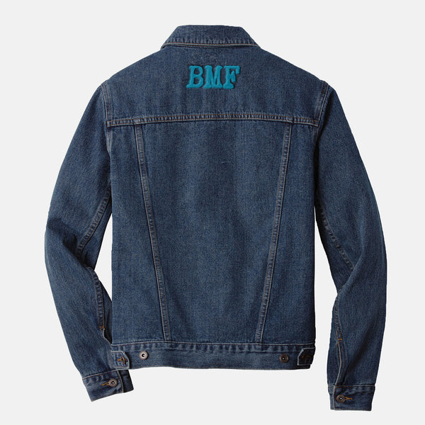 Cyan embroidered BMF Bunny Face denim jacket
