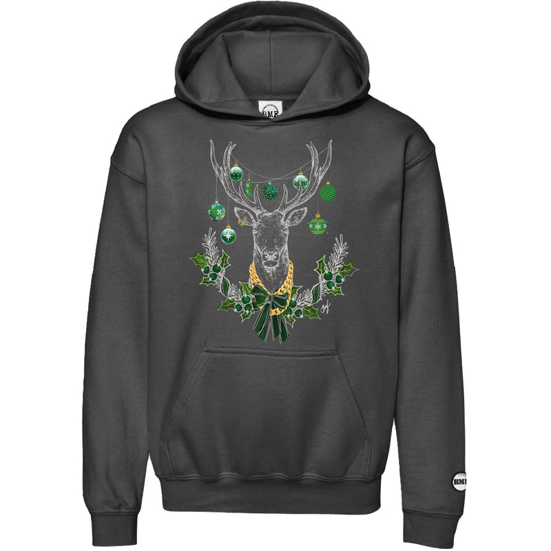 Pine Green Christmas BMF Deer Youth Pullover Hoodie