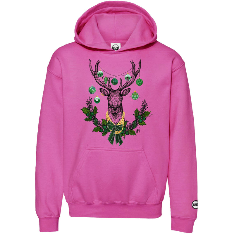 Pine Green Christmas BMF Deer Youth Pullover Hoodie