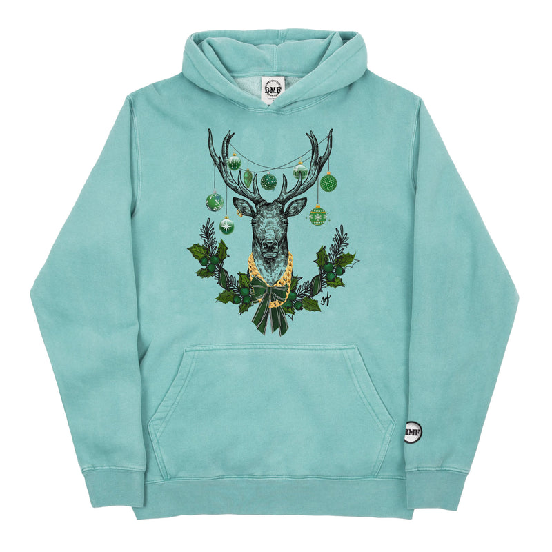 Youth Christmas Pine Green BMF Deer Pigment Dyed Hoodie