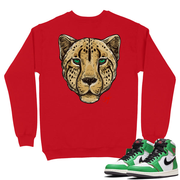 Jordan 1 Lucky Green Red Embroidered BMF Leopard Head Crew Neck