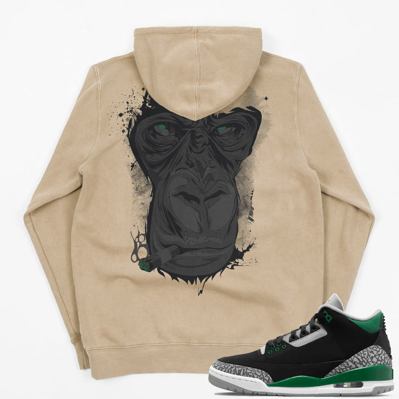 Jordan 3 Pine Green Embroidered Smoking Gorilla Pigment Dyed Hoodie