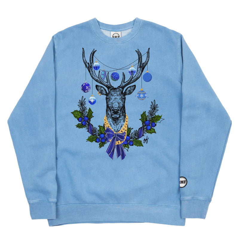Blue BMF Christmas Deer Pigment Dyed Crewneck