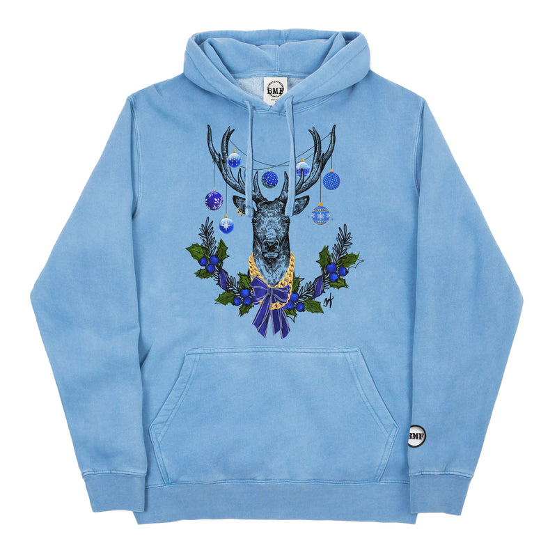 Blue BMF Christmas Deer Pigment Dyed Hoodie