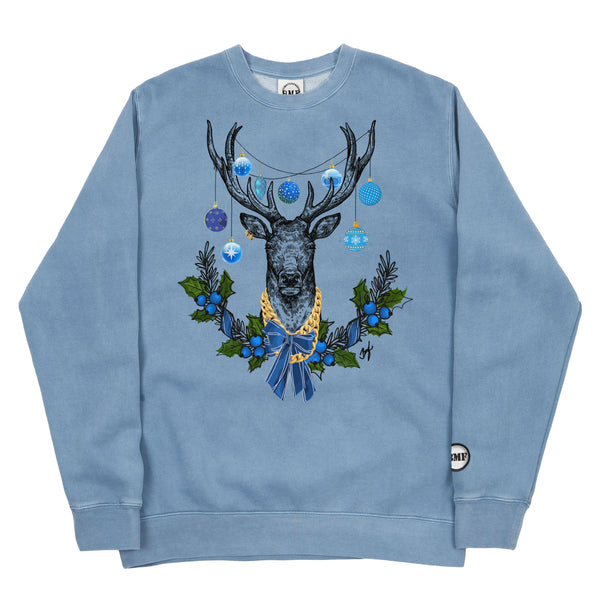 University Blue Christmas BMF Deer Pigment Dyed Crewneck