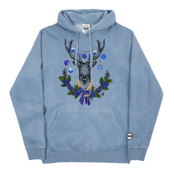 Blue BMF Christmas Deer Pigment Dyed Hoodie