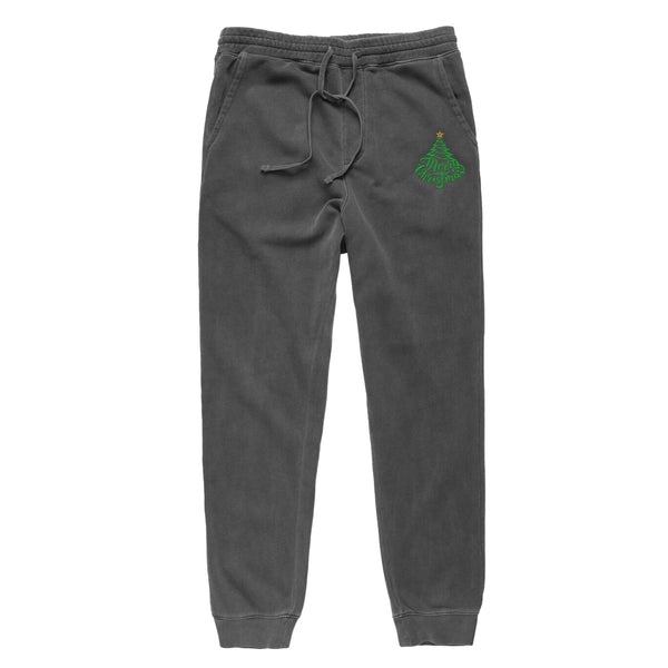 Green Embroidered XMAS Tree Pigment Dyed Joggers
