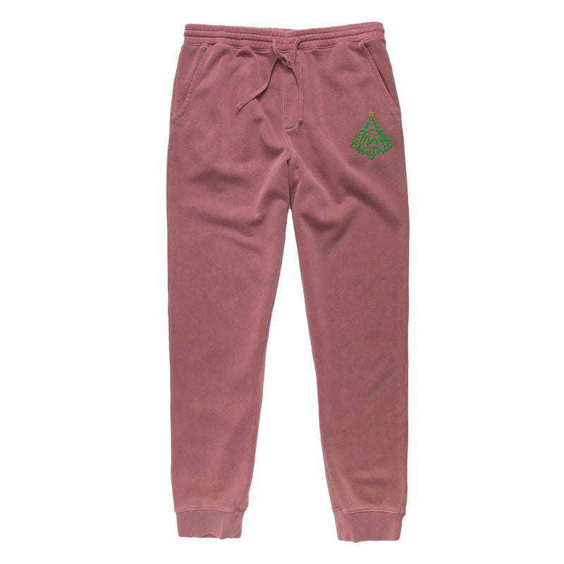 Green Embroidered XMAS Tree Pigment Dyed Joggers